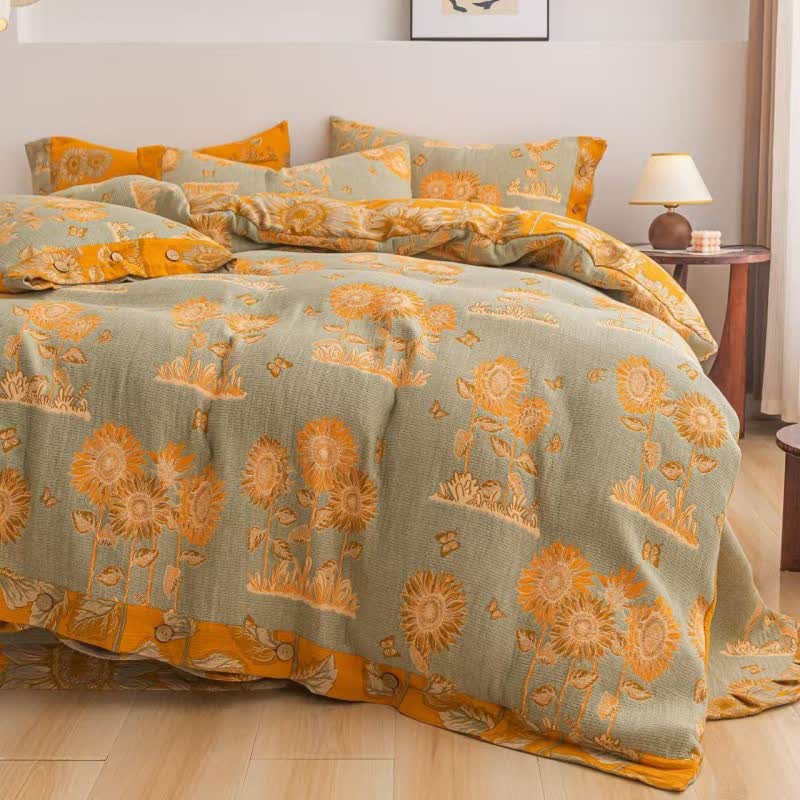 Parure de lit réversible en gaze de coton motif tournesol (4 pièces) - image 1