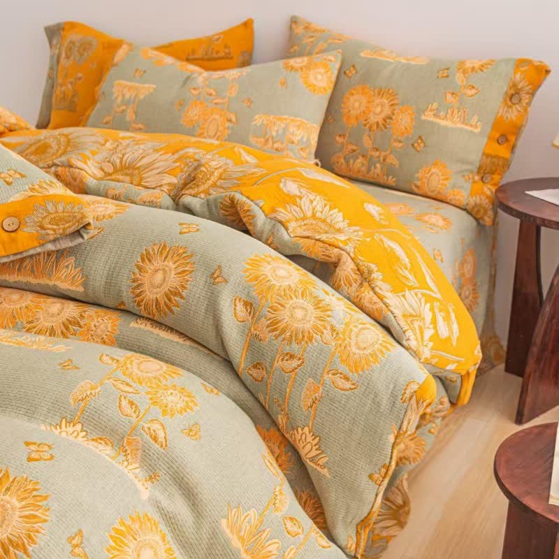 Parure de lit réversible en gaze de coton motif tournesol (4 pièces) - image 2