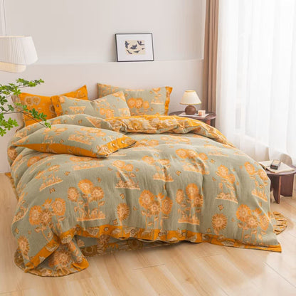 Parure de lit réversible en gaze de coton motif tournesol (4 pièces) - 220 cm x 240 cm - image 0