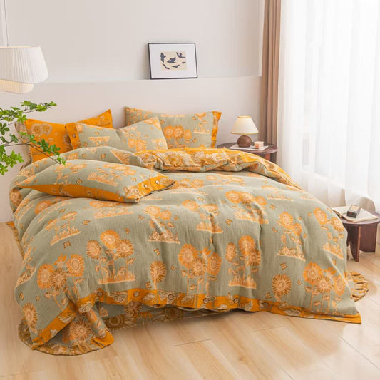 Parure de lit réversible en gaze de coton motif tournesol (4 pièces) - 220 cm x 240 cm - image 0