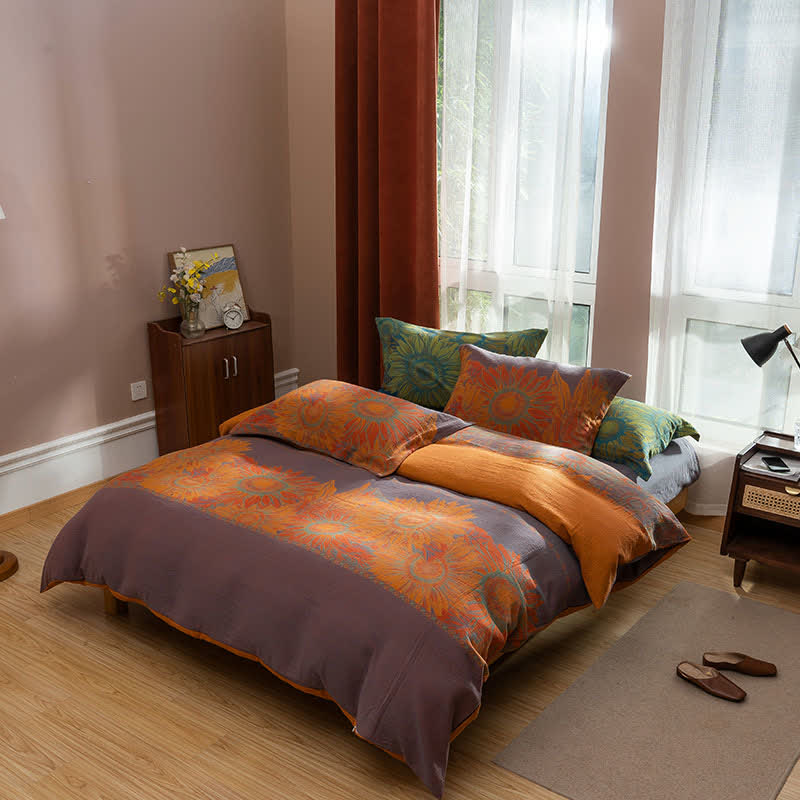 Parure de lit en coton jacquard à motif tournesol pastoral (4 pièces) - Violet et orange - 220 cm x 240 cm - image 1