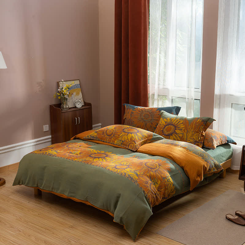 Parure de lit en coton jacquard à motif tournesol pastoral (4 pièces) - Vert et orange - 220 cm x 240 cm - image 6
