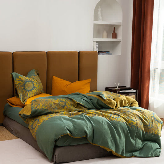 Parure de lit en coton jacquard à motif tournesol pastoral (4 pièces) - Vert et jaune - 220 cm x 240 cm - image 0