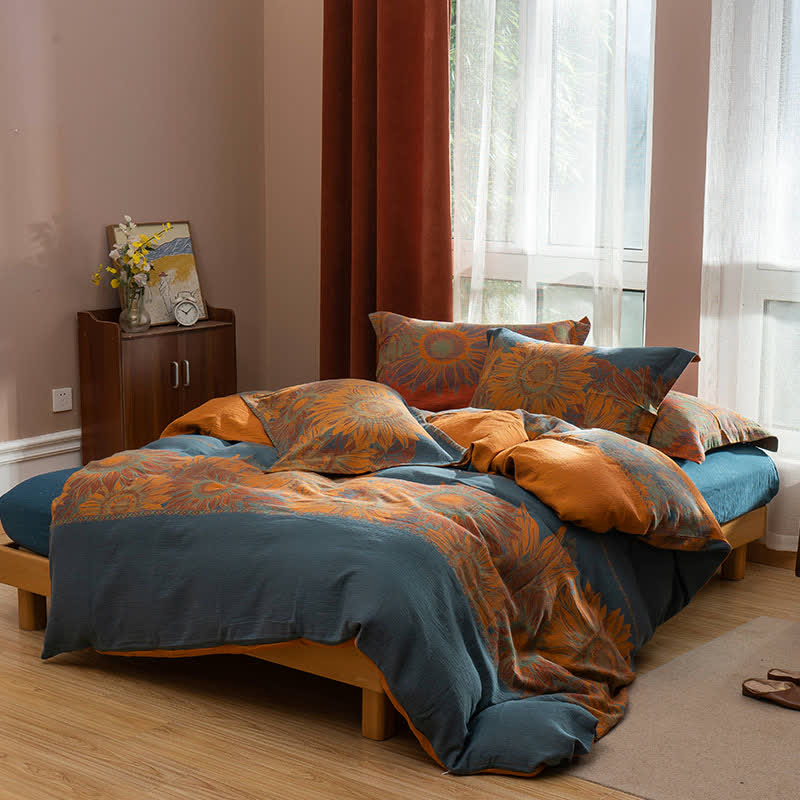 Parure de lit en coton jacquard à motif tournesol pastoral (4 pièces) - Bleu et orange - 220 cm x 240 cm - image 3