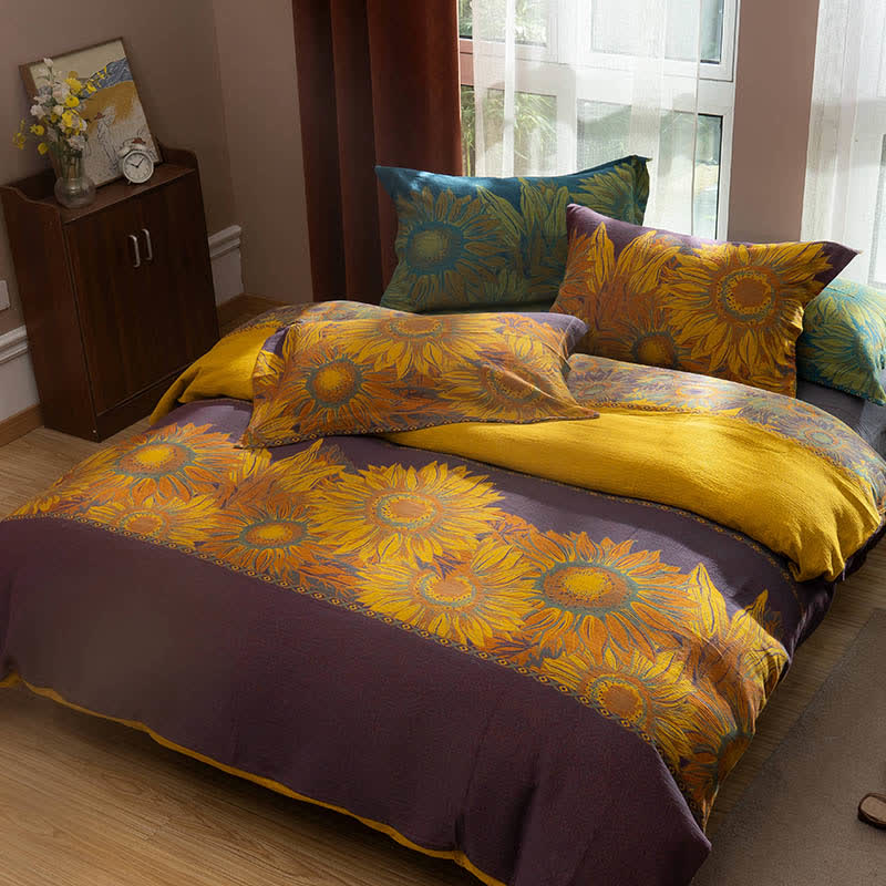 Parure de lit en coton jacquard à motif tournesol pastoral (4 pièces) - Violet et jaune - 220 cm x 240 cm - image 5