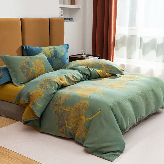 Parure de lit réversible en coton jacquard Ginkgo (4 pièces) - Vert et jaune - 220 cm x 240 cm - image 0
