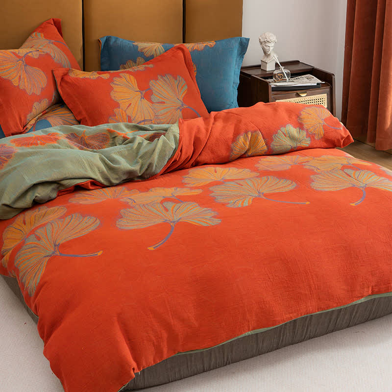 Parure de lit réversible en coton jacquard Ginkgo (4 pièces) - Rouge et orange - 220 cm x 240 cm - image 2