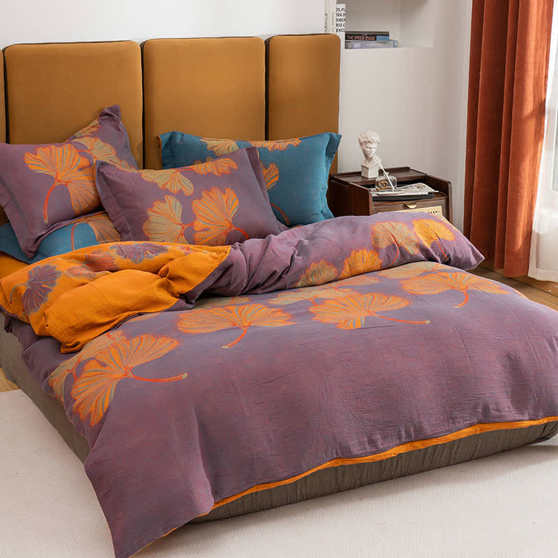 Parure de lit réversible en coton jacquard Ginkgo (4 pièces) - Violet et orange - 220 cm x 240 cm - image 1