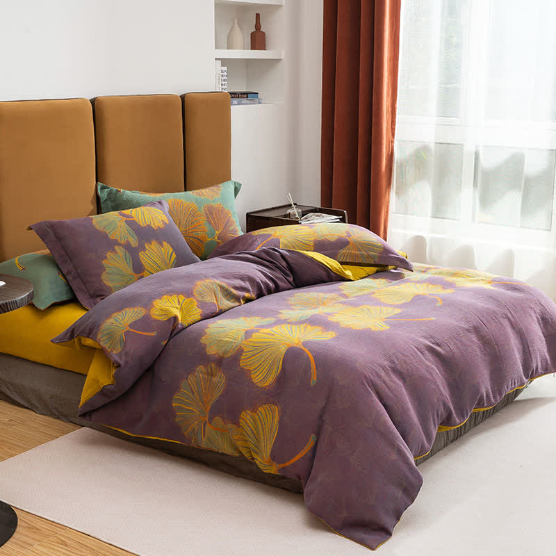 Parure de lit réversible en coton jacquard Ginkgo (4 pièces) - Violet et jaune - 220 cm x 240 cm - image 5