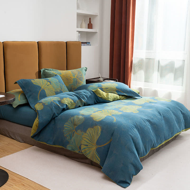 Parure de lit réversible en coton jacquard Ginkgo (4 pièces) - Bleu et vert - 220 cm x 240 cm - image 4