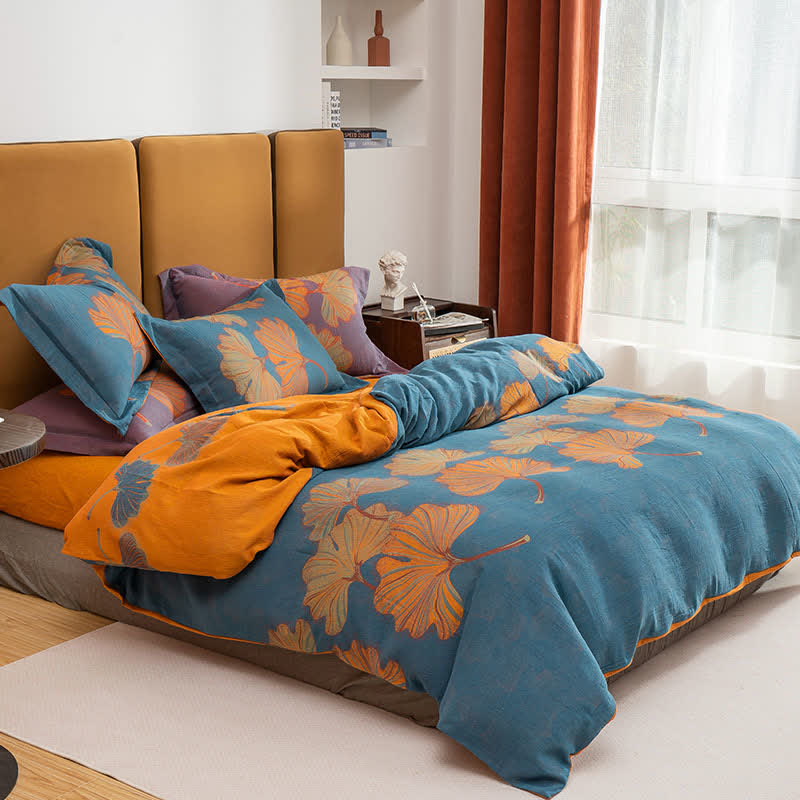 Parure de lit réversible en coton jacquard Ginkgo (4 pièces) - Bleu et orange - 220 cm x 240 cm - image 3
