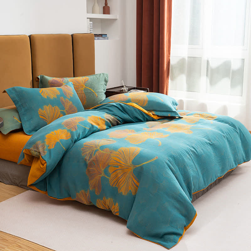 Parure de lit réversible en coton jacquard Ginkgo (4 pièces) - Bleu mer et orange - 220 cm x 240 cm - image 7