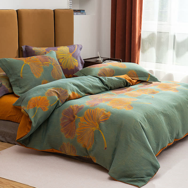 Parure de lit réversible en coton jacquard Ginkgo (4 pièces) - Vert et orange - 220 cm x 240 cm - image 6