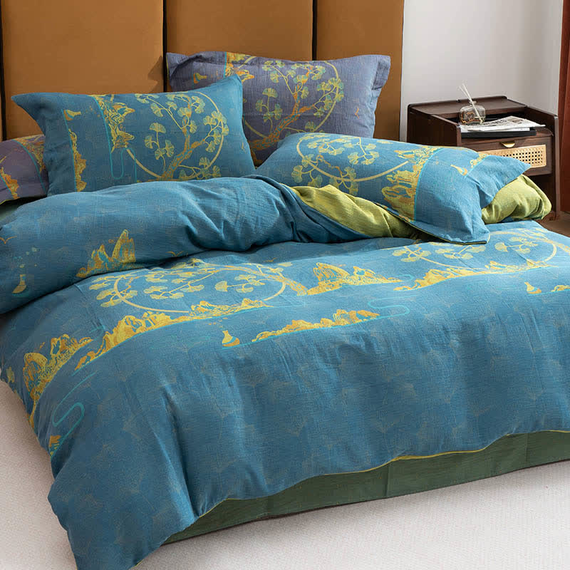 Parure de lit réversible en coton jacquard format paysage (4 pièces) - Bleu et vert - 220 cm x 240 cm - image 3