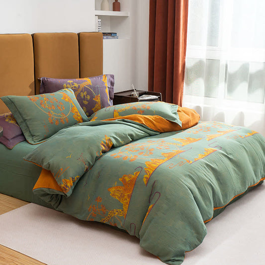 Parure de lit réversible en coton jacquard format paysage (4 pièces) - Vert et jaune - 220 cm x 240 cm - image 0