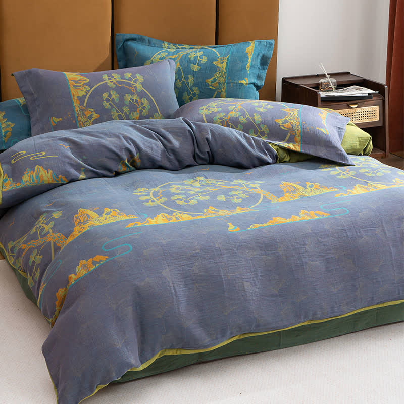 Parure de lit réversible en coton jacquard format paysage (4 pièces) - Violet et cyan - 220 cm x 240 cm - image 4