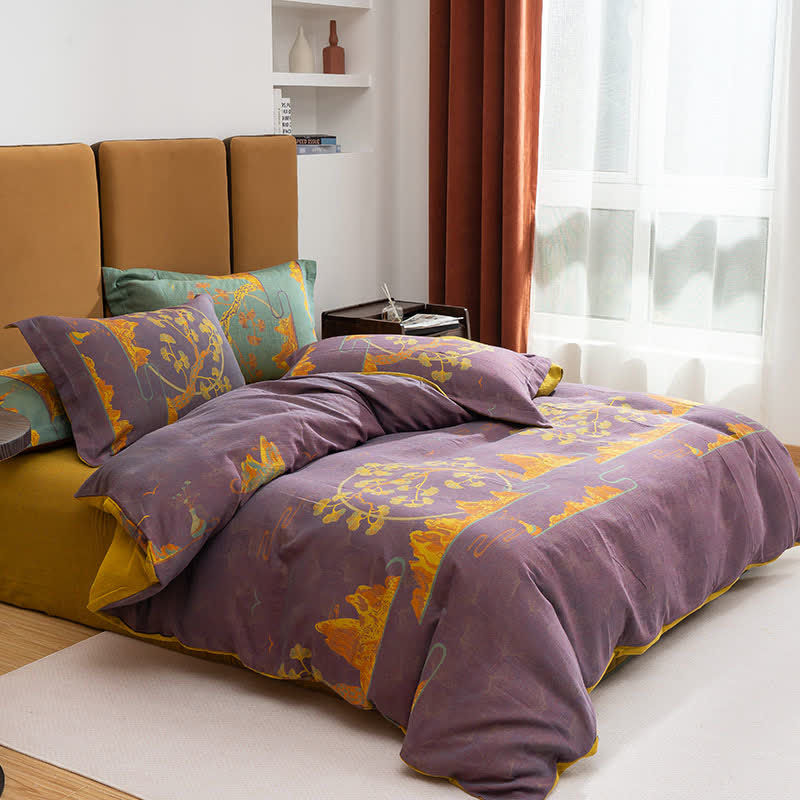 Parure de lit réversible en coton jacquard format paysage (4 pièces) - Violet et jaune - 220 cm x 240 cm - image 1