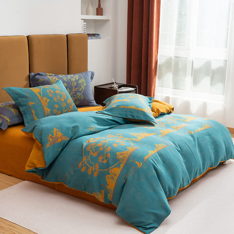 Parure de lit réversible en coton jacquard format paysage (4 pièces) - Bleu mer et orange - 220 cm x 240 cm - image 7