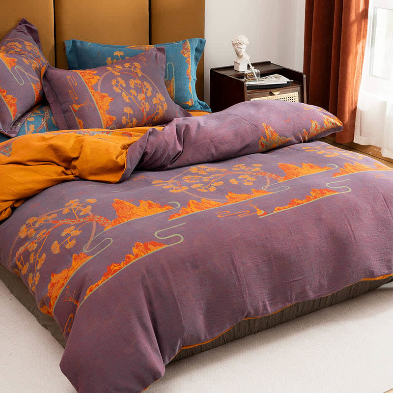Parure de lit réversible en coton jacquard format paysage (4 pièces) - Violet et orange - 220 cm x 240 cm - image 5