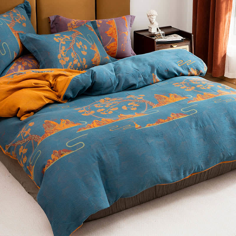 Parure de lit réversible en coton jacquard format paysage (4 pièces) - Bleu et orange - 220 cm x 240 cm - image 6