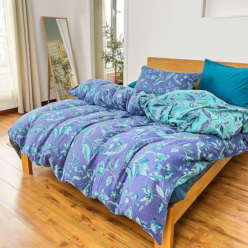 Parure de lit en coton jacquard à motif de feuilles botaniques (4 pièces) - Violet et bleu marine - 220 cm x 240 cm - image 7