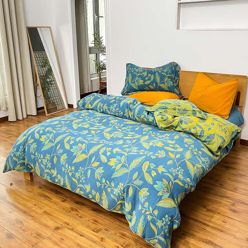 Parure de lit en coton jacquard à motif de feuilles botaniques (4 pièces) - Bleu et vert - 220 cm x 240 cm - image 4
