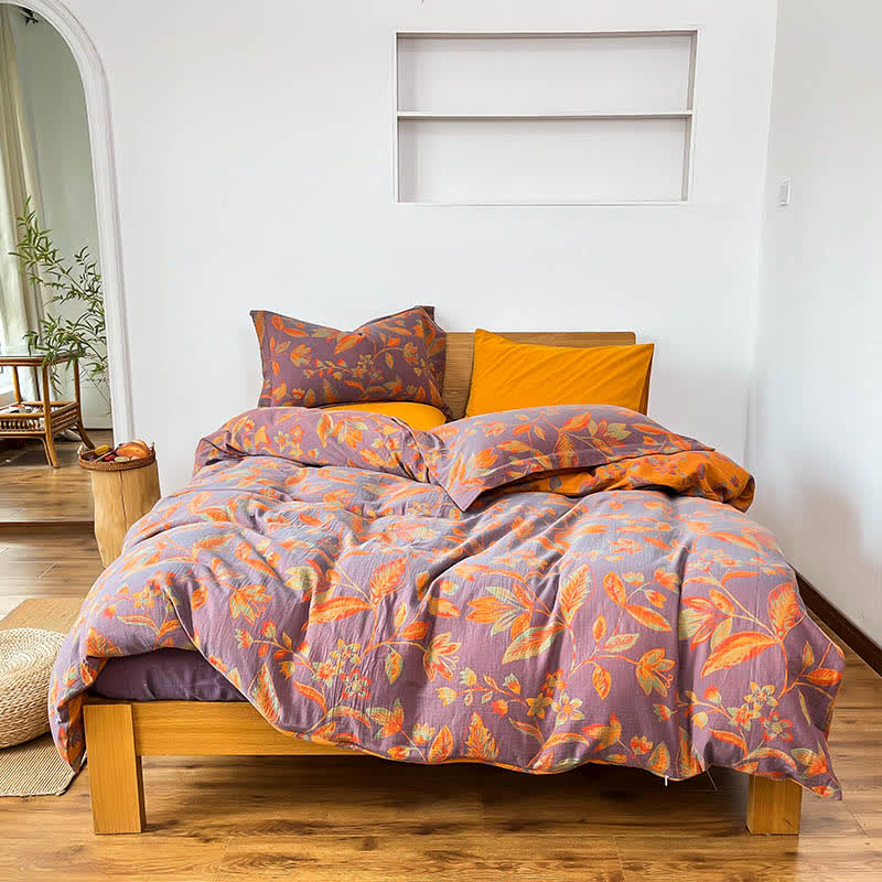 Parure de lit en coton jacquard à motif de feuilles botaniques (4 pièces) - Violet et orange - 220 cm x 240 cm - image 1