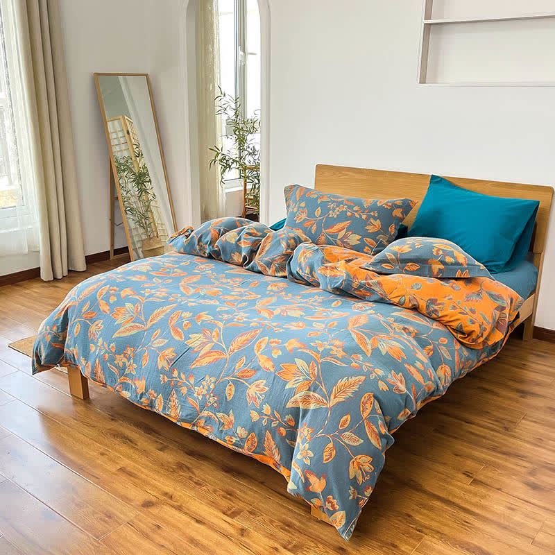 Parure de lit en coton jacquard à motif de feuilles botaniques (4 pièces) - Bleu et orange - 220 cm x 240 cm - image 3