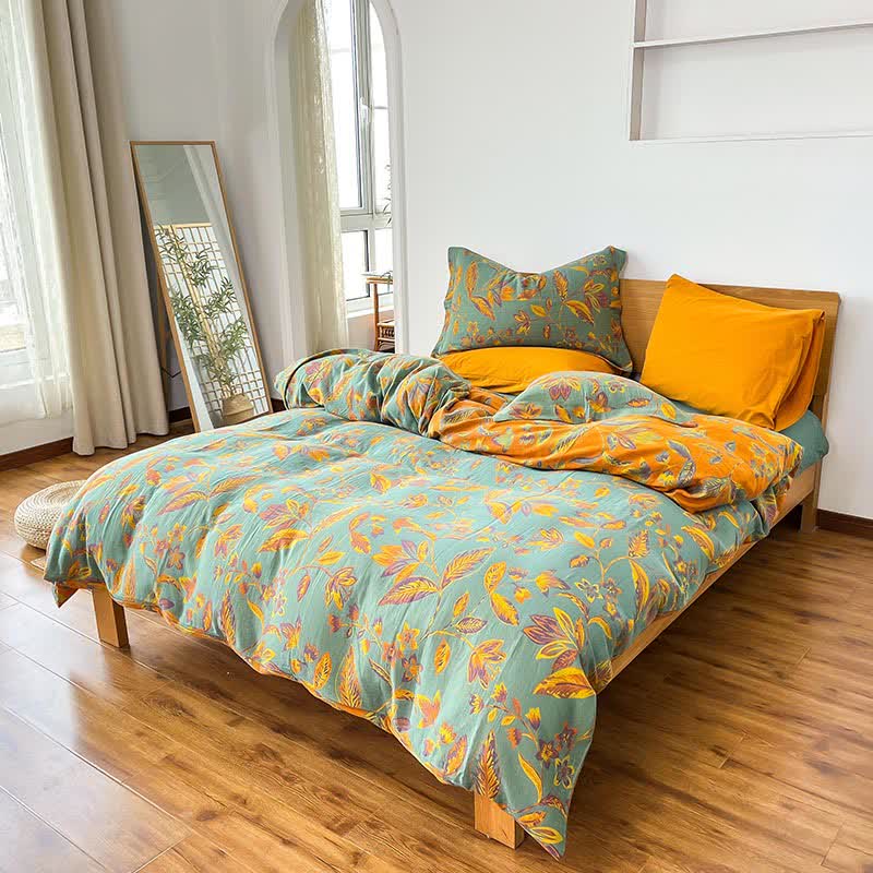 Parure de lit en coton jacquard à motif de feuilles botaniques (4 pièces) - Vert et orange - 220 cm x 240 cm - image 0