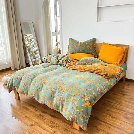Parure de lit en coton jacquard à motif de feuilles botaniques (4 pièces) - Vert et orange - 220 cm x 240 cm - image 0
