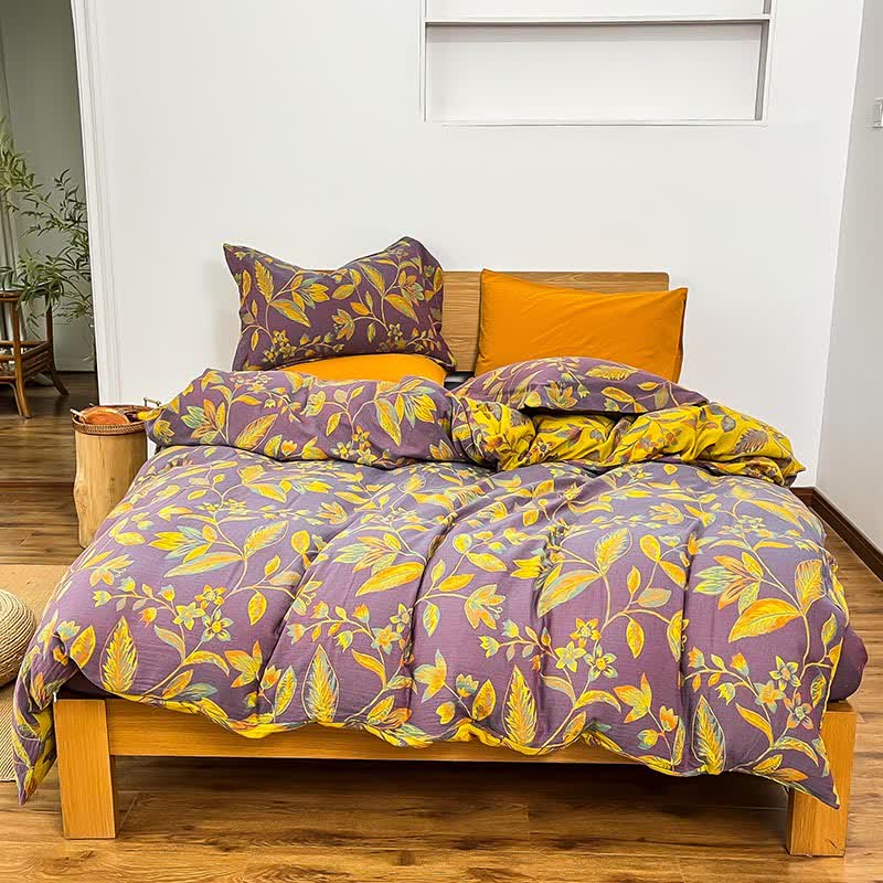 Parure de lit en coton jacquard à motif de feuilles botaniques (4 pièces) - Violet et jaune - 220 cm x 240 cm - image 5