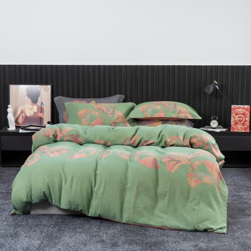 Parure de lit en gaze de coton inspirée du ginkgo (4 pièces) - Vert et rose - 220 cm x 240 cm - image 15