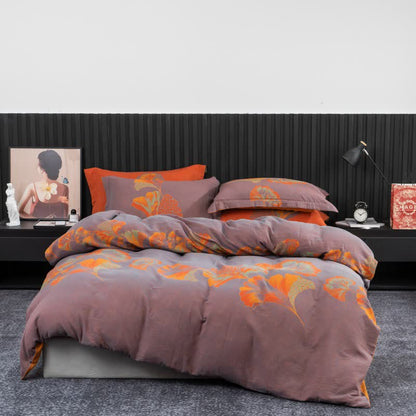 Parure de lit en gaze de coton inspirée du ginkgo (4 pièces) - Violet et orange - 220 cm x 240 cm - image 17