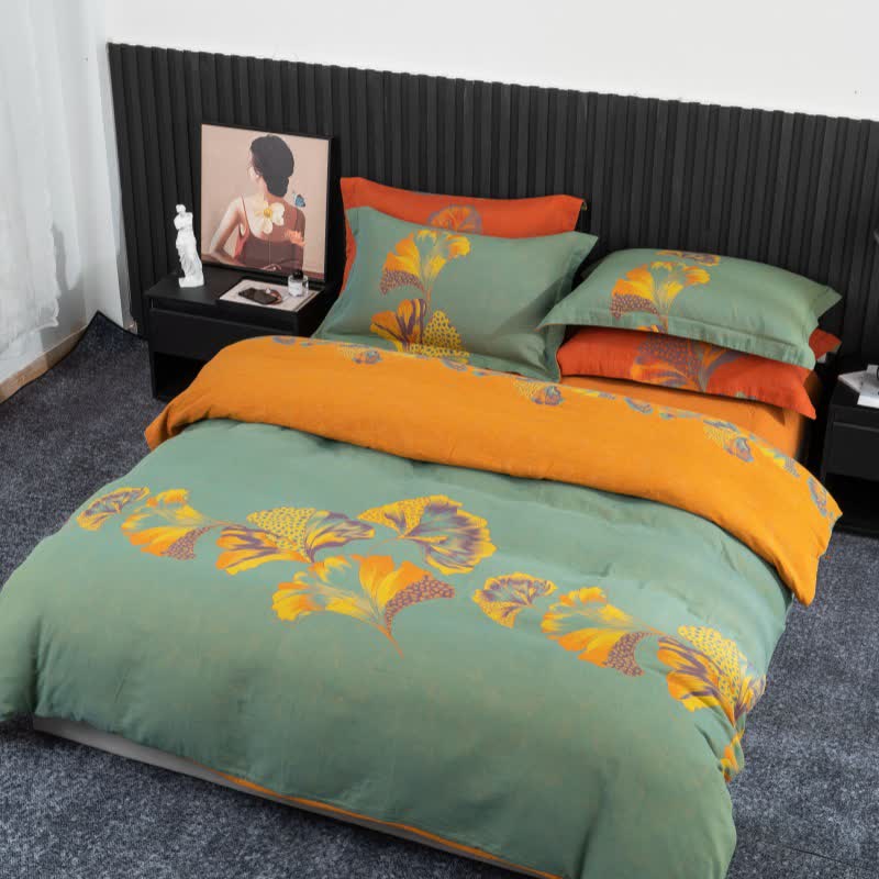 Parure de lit en gaze de coton inspirée du ginkgo (4 pièces) - Vert et jaune - 220 cm x 240 cm - image 18