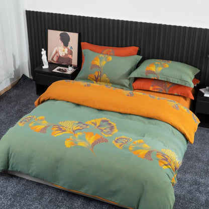 Parure de lit en gaze de coton inspirée du ginkgo (4 pièces) - Vert et jaune - 220 cm x 240 cm - image 18