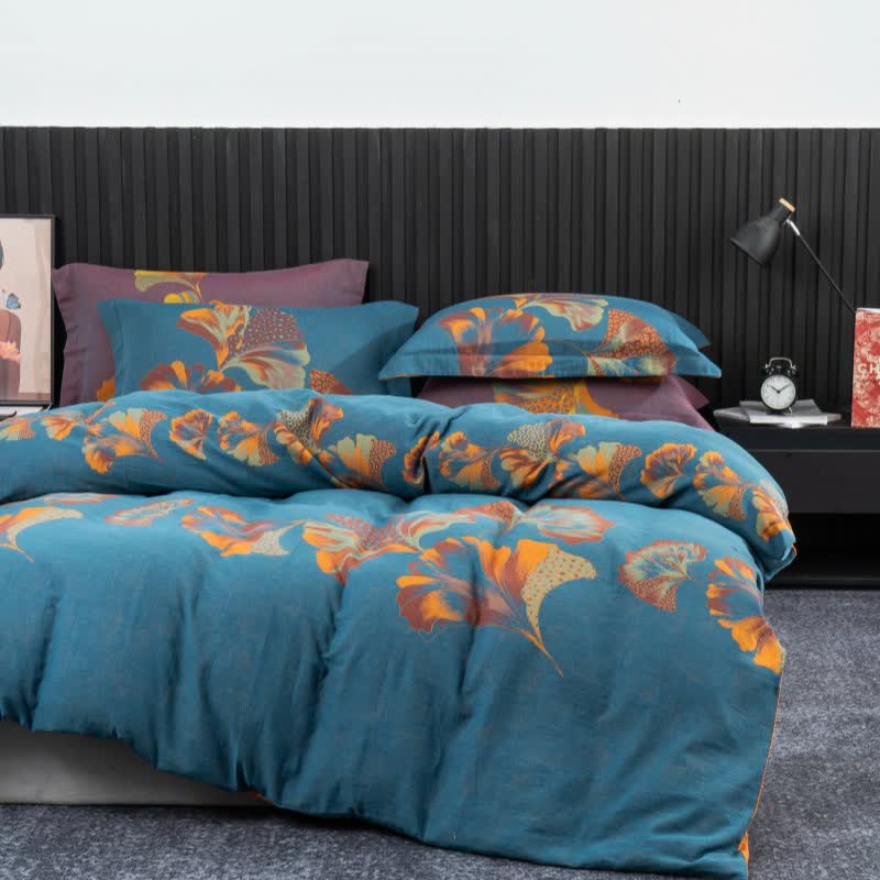 Parure de lit en gaze de coton inspirée du ginkgo (4 pièces) - Bleu et orange - 220 cm x 240 cm - image 14