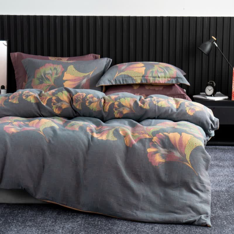 Parure de lit en gaze de coton inspirée du ginkgo (4 pièces) - gris foncé - 220 cm x 240 cm - image 20