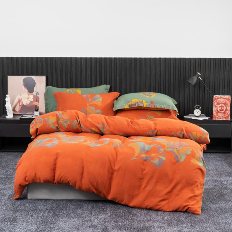Parure de lit en gaze de coton inspirée du ginkgo (4 pièces) - Orange vif - 220 cm x 240 cm - image 19
