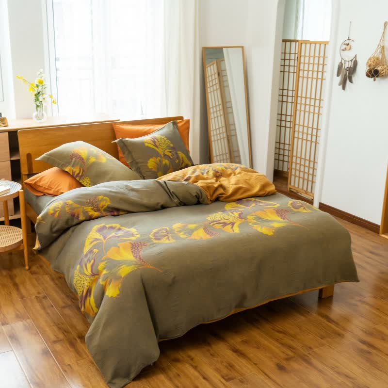 Parure de lit en gaze de coton inspirée du ginkgo (4 pièces) - Gris et jaune - 220 cm x 240 cm - image 22