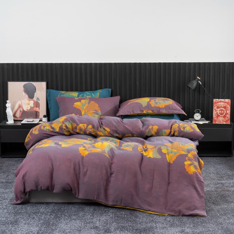 Parure de lit en gaze de coton inspirée du ginkgo (4 pièces) - Violet et jaune - 220 cm x 240 cm - image 16