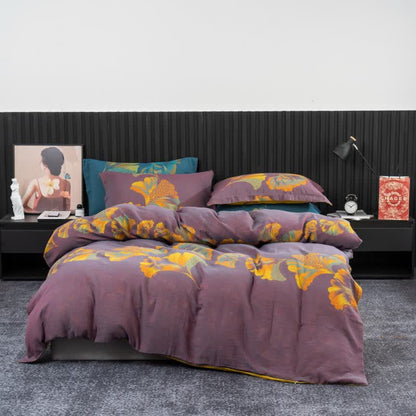 Parure de lit en gaze de coton inspirée du ginkgo (4 pièces) - Violet et jaune - 220 cm x 240 cm - image 16