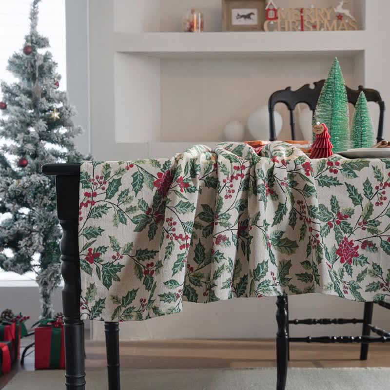 Nappe jacquard d'inspiration Noël avec feuilles de houx - image 4
