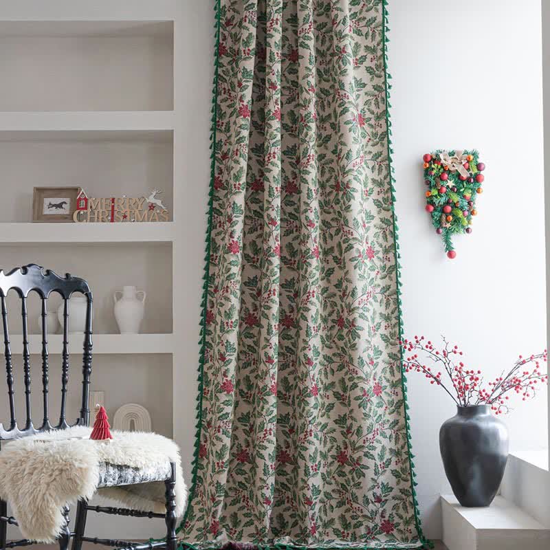 Rideau de Noël avec feuilles de houx et pompons - image 1