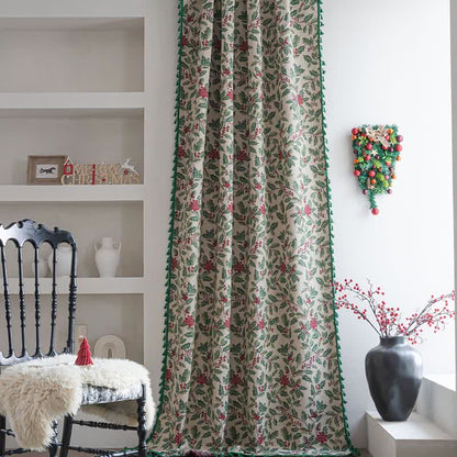 Rideau de Noël avec feuilles de houx et pompons - image 1