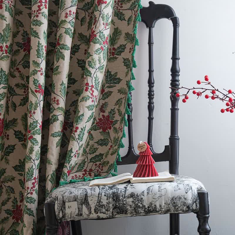 Rideau de Noël avec feuilles de houx et pompons - image 3