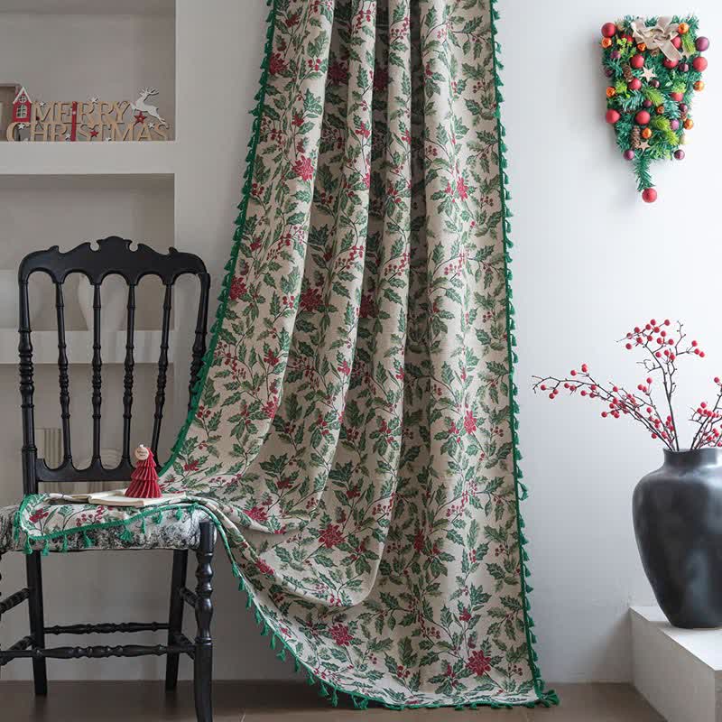 Rideau de Noël avec feuilles de houx et pompons - passe-tringle - 150 cm x 260 cm - image 0