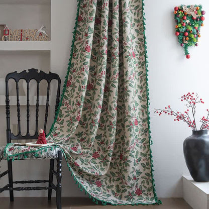 Rideau de Noël avec feuilles de houx et pompons - passe-tringle - 150 cm x 260 cm - image 0