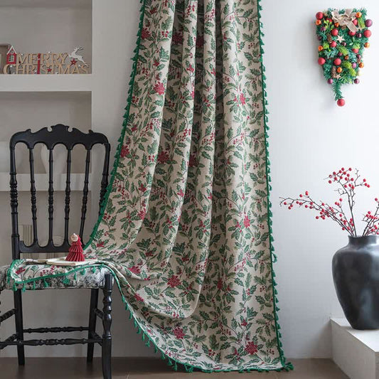 Rideau de Noël avec feuilles de houx et pompons - passe-tringle - 150 cm x 260 cm - image 0