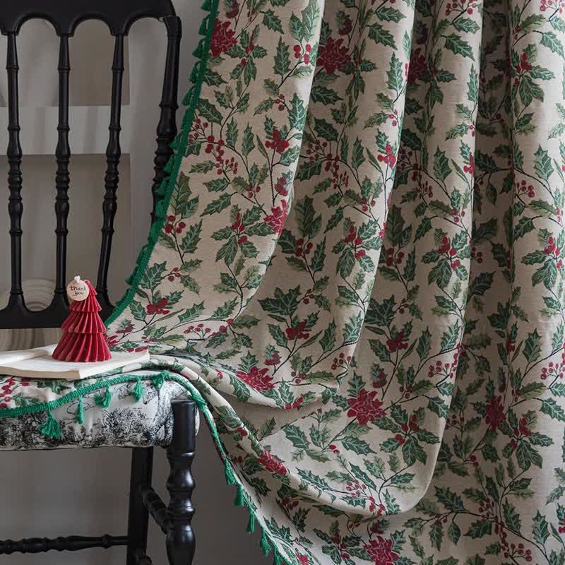 Rideau de Noël avec feuilles de houx et pompons - image 2