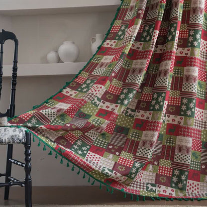 Rideau patchwork à pompons et imprimé de Noël - passe-tringle - 150 cm x 260 cm - image 0